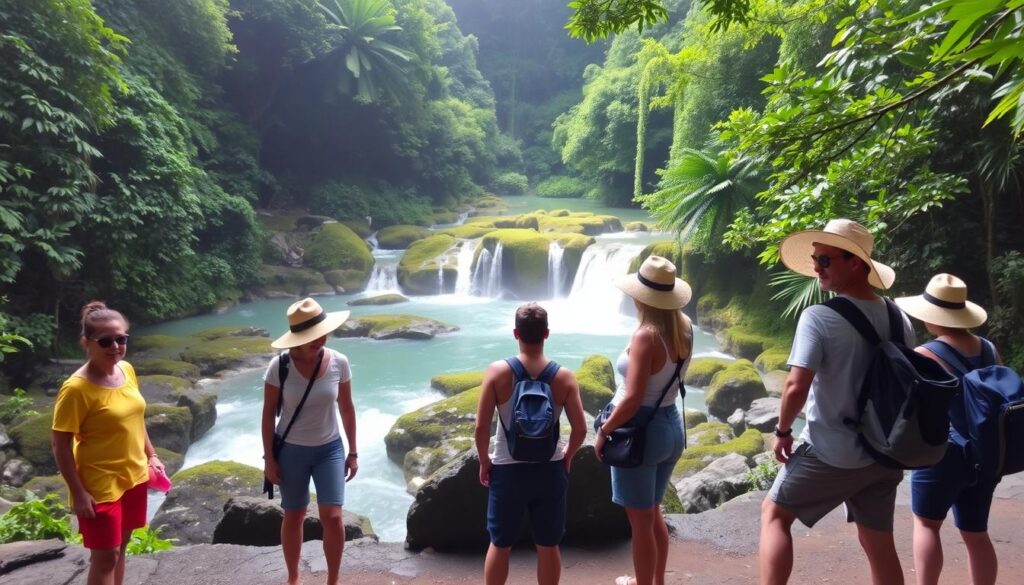 A serene morning scene at Tegenungan Waterfall, Bali. In the foreground, a group of travelers stand in a relaxed, casual attire - lightweight, breathable fabrics, comfortable sandals, and sun hats to shield from the tropical sun. In the middle ground, the cascading turquoise waters of the waterfall rush over the lush, verdant rocks. The background is filled with a dense, verdant jungle canopy, casting a soft, natural lighting across the scene. An atmosphere of tranquility and adventure pervades, inviting the viewer to imagine themselves exploring this picturesque Balinese wonder. A serene morning scene at Tegenungan Waterfall, Bali. In the foreground, a group of travelers stand in a relaxed, casual attire - lightweight, breathable fabrics, comfortable sandals, and sun hats to shield from the tropical sun. In the middle ground, the cascading turquoise waters of the waterfall rush over the lush, verdant rocks. The background is filled with a dense, verdant jungle canopy, casting a soft, natural lighting across the scene. An atmosphere of tranquility and adventure pervades, inviting the viewer to imagine themselves exploring this picturesque Balinese wonder.