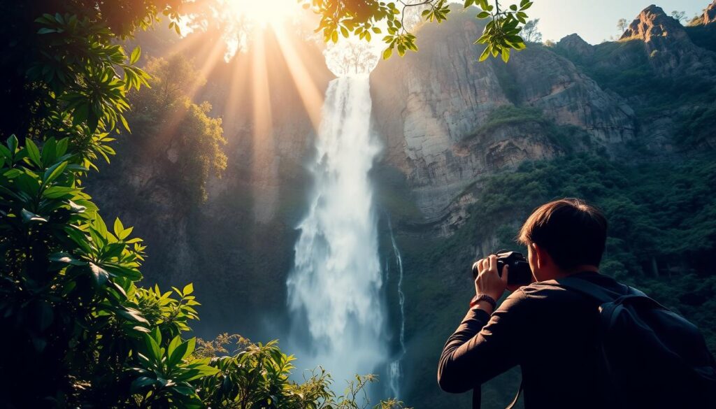 Lush, verdant foliage frames the cascading, crystalline waters of Tegenungan Waterfall, their ethereal mist catching the golden rays of the afternoon sun. A photographer, camera poised, captures the breathtaking scene from a low angle, emphasizing the towering cliff face and the waterfall's powerful descent. The composition draws the viewer's eye through the layers of the image - the vibrant greenery in the foreground, the cascading waterfall in the middle ground, and the rugged, sun-dappled landscape in the background. The overall mood is one of tranquility and awe, inviting the viewer to experience the beauty and serenity of this natural wonder. Lush, verdant foliage frames the cascading, crystalline waters of Tegenungan Waterfall, their ethereal mist catching the golden rays of the afternoon sun. A photographer, camera poised, captures the breathtaking scene from a low angle, emphasizing the towering cliff face and the waterfall's powerful descent. The composition draws the viewer's eye through the layers of the image - the vibrant greenery in the foreground, the cascading waterfall in the middle ground, and the rugged, sun-dappled landscape in the background. The overall mood is one of tranquility and awe, inviting the viewer to experience the beauty and serenity of this natural wonder.
