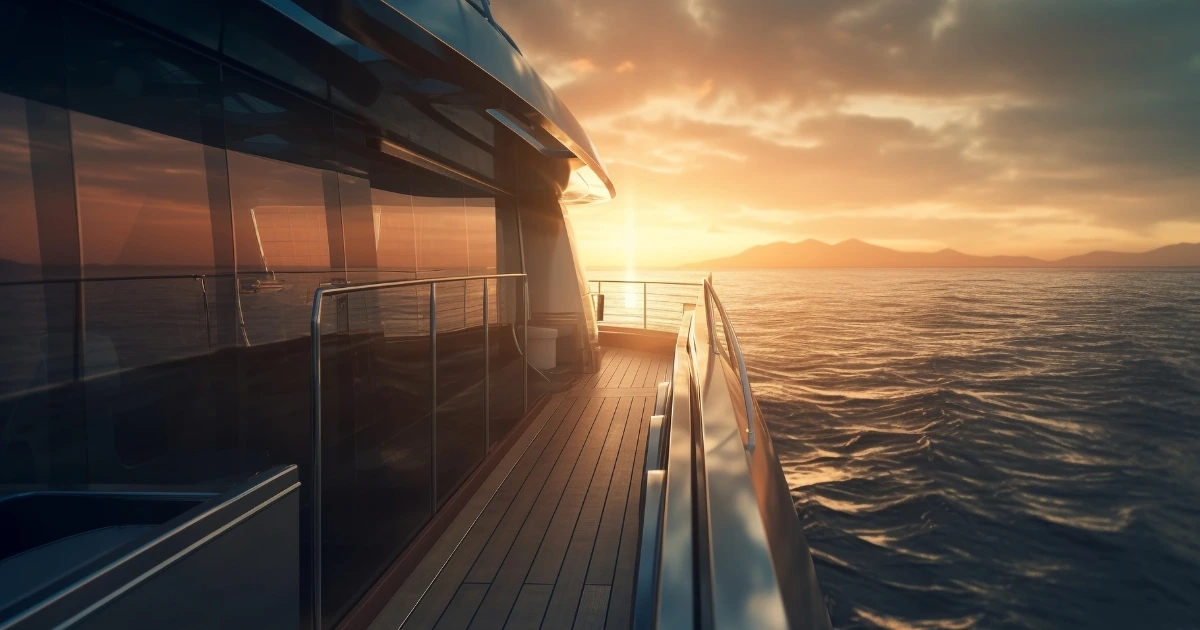 Luxury yacht deck at sunset with golden reflections on the sea
