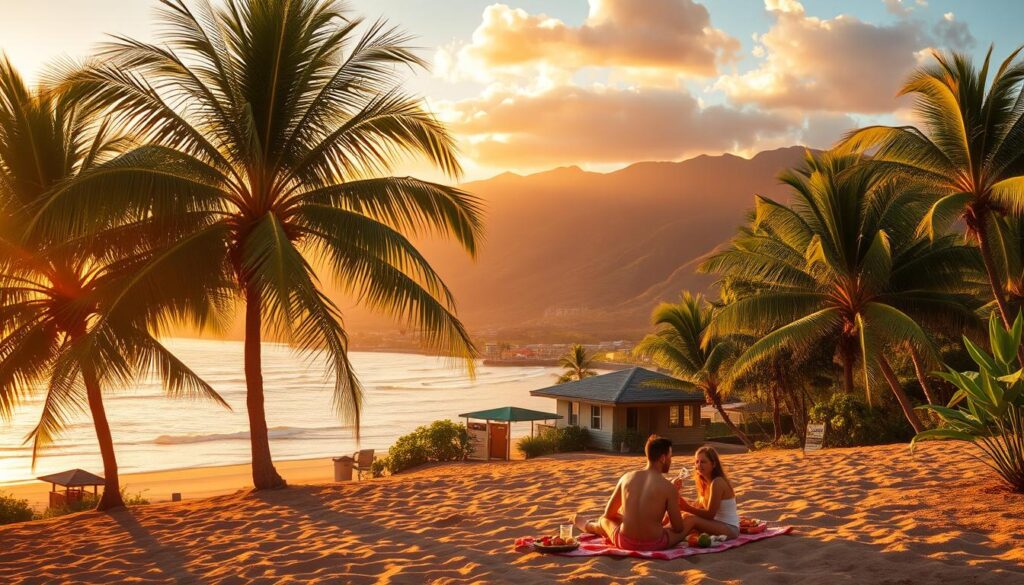 A picturesque hillside landscape on the island of Maui, Hawaii, under a warm, golden sunset. In the foreground, a family enjoys a picnic, savoring local fruits and fresh seafood. Lush, verdant palm trees sway gently in the soft breeze, casting long shadows across the serene sandy beach. In the middle ground, a small, quaint beachfront bungalow comes into view, with a "Vacation Rental" sign hinting at budget-friendly accommodations. The background reveals the iconic silhouette of the West Maui Mountains, their peaks ablaze with the vibrant hues of the setting sun. The entire scene exudes a sense of tranquility and the promise of affordable, yet memorable, island adventures. A picturesque hillside landscape on the island of Maui, Hawaii, under a warm, golden sunset. In the foreground, a family enjoys a picnic, savoring local fruits and fresh seafood. Lush, verdant palm trees sway gently in the soft breeze, casting long shadows across the serene sandy beach. In the middle ground, a small, quaint beachfront bungalow comes into view, with a "Vacation Rental" sign hinting at budget-friendly accommodations. The background reveals the iconic silhouette of the West Maui Mountains, their peaks ablaze with the vibrant hues of the setting sun. The entire scene exudes a sense of tranquility and the promise of affordable, yet memorable, island adventures.