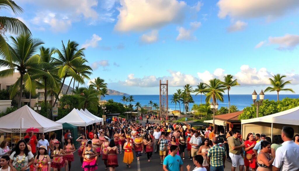 A vibrant and joyous Maui festival celebration unfolds against the backdrop of lush tropical scenery. In the foreground, a lively parade winds through the streets, with dancers in colorful traditional costumes moving to the rhythmic beats of drums and ukuleles. Tents and stalls line the sidewalks, offering an array of local crafts, Hawaiian delicacies, and festive decorations. In the middle ground, a towering stage stands ready to host live music and hula performances, illuminated by the warm glow of tiki torches. In the distance, the picturesque Maui coastline stretches out, with palm trees swaying gently in the ocean breeze. The overall atmosphere is one of festive celebration, cultural pride, and the island's natural beauty. A vibrant and joyous Maui festival celebration unfolds against the backdrop of lush tropical scenery. In the foreground, a lively parade winds through the streets, with dancers in colorful traditional costumes moving to the rhythmic beats of drums and ukuleles. Tents and stalls line the sidewalks, offering an array of local crafts, Hawaiian delicacies, and festive decorations. In the middle ground, a towering stage stands ready to host live music and hula performances, illuminated by the warm glow of tiki torches. In the distance, the picturesque Maui coastline stretches out, with palm trees swaying gently in the ocean breeze. The overall atmosphere is one of festive celebration, cultural pride, and the island's natural beauty.